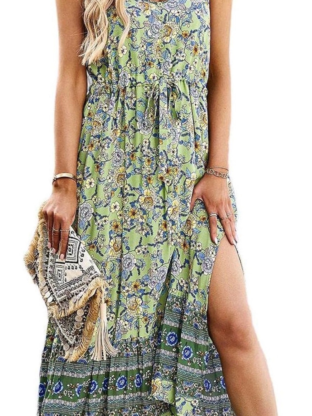 Green Floral Maxi Dress with V-Neck and Spaghetti Straps - Picture 4 of 9